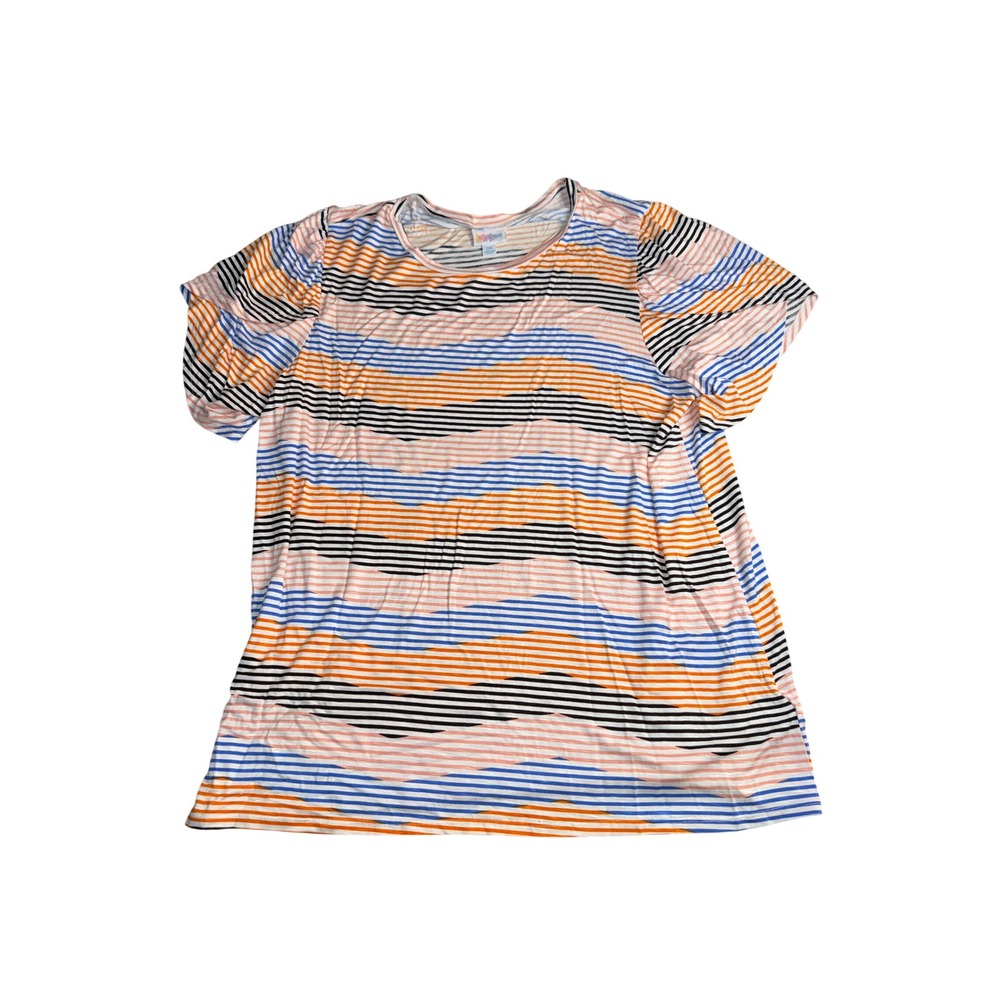 LuLaRoe olive Short tulip Sleeve Top 2XL Multi Color Striped Wavy Crew Neck